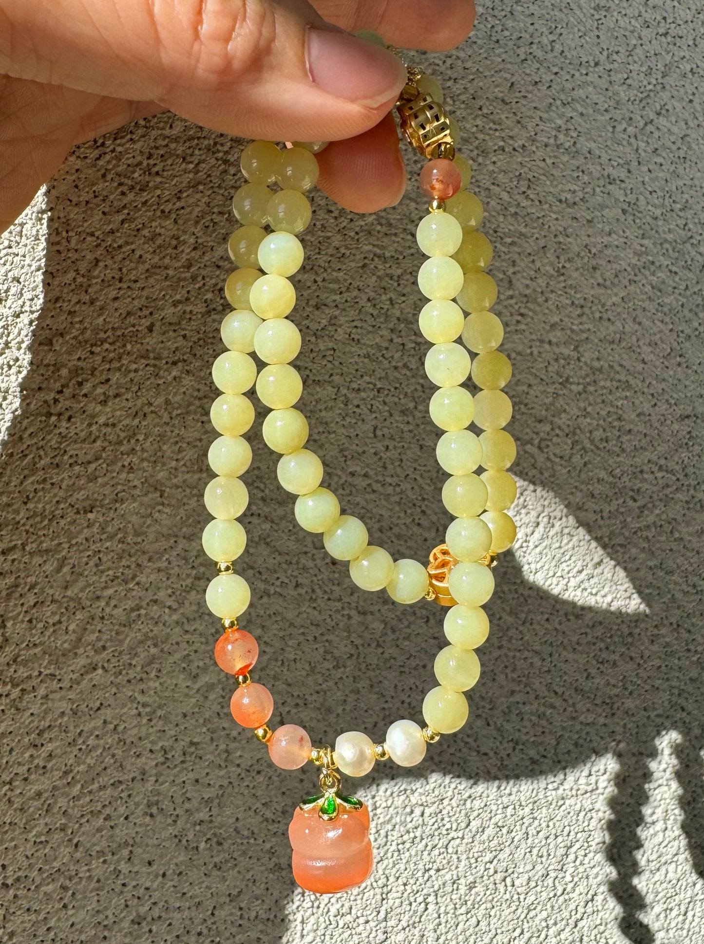 Natural yellow nephrite jade Beaded Bracelet with agate persimmon