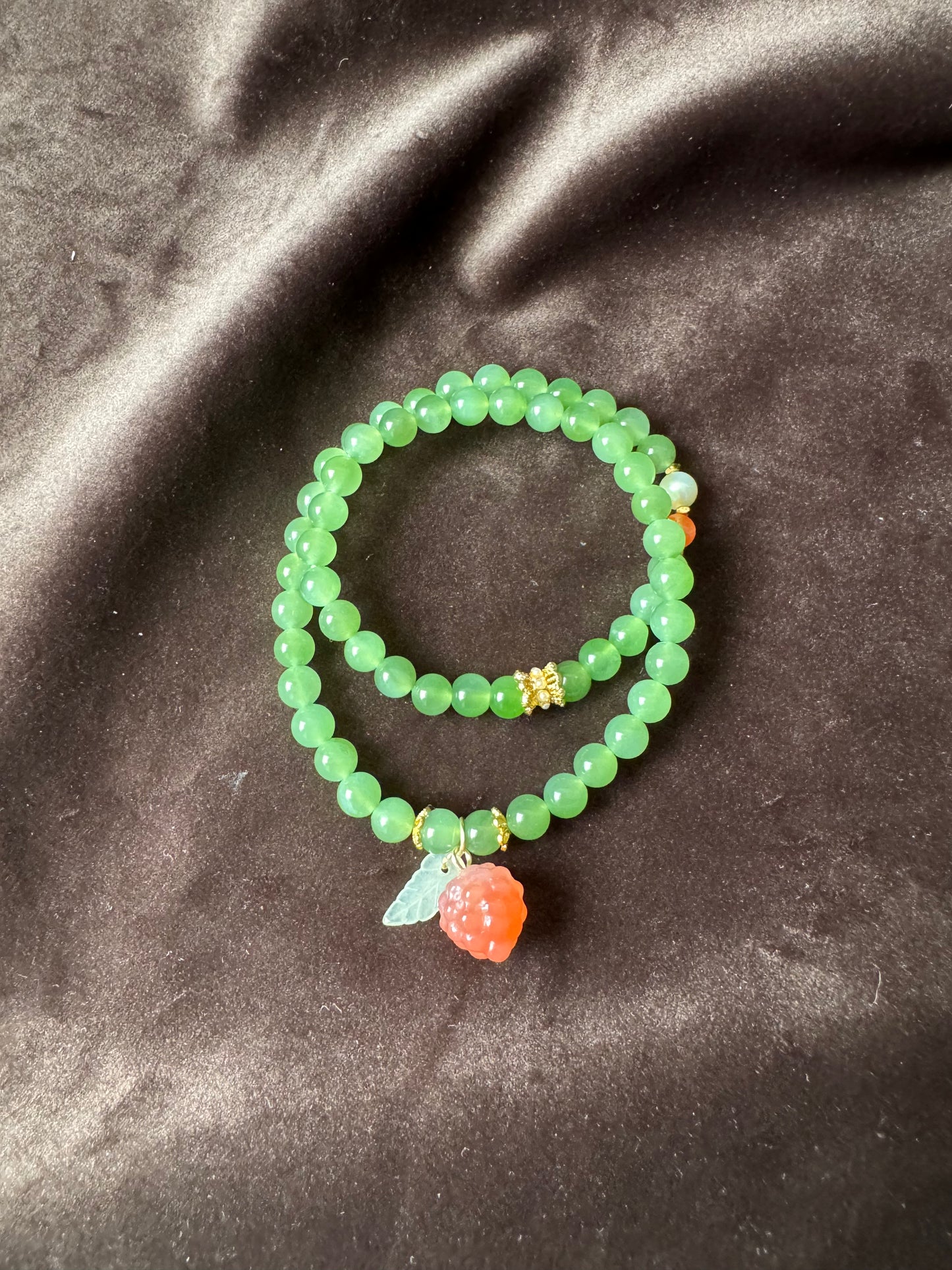 Natural Apple Green Nephrite Beaded Bracelet with agate raspberry