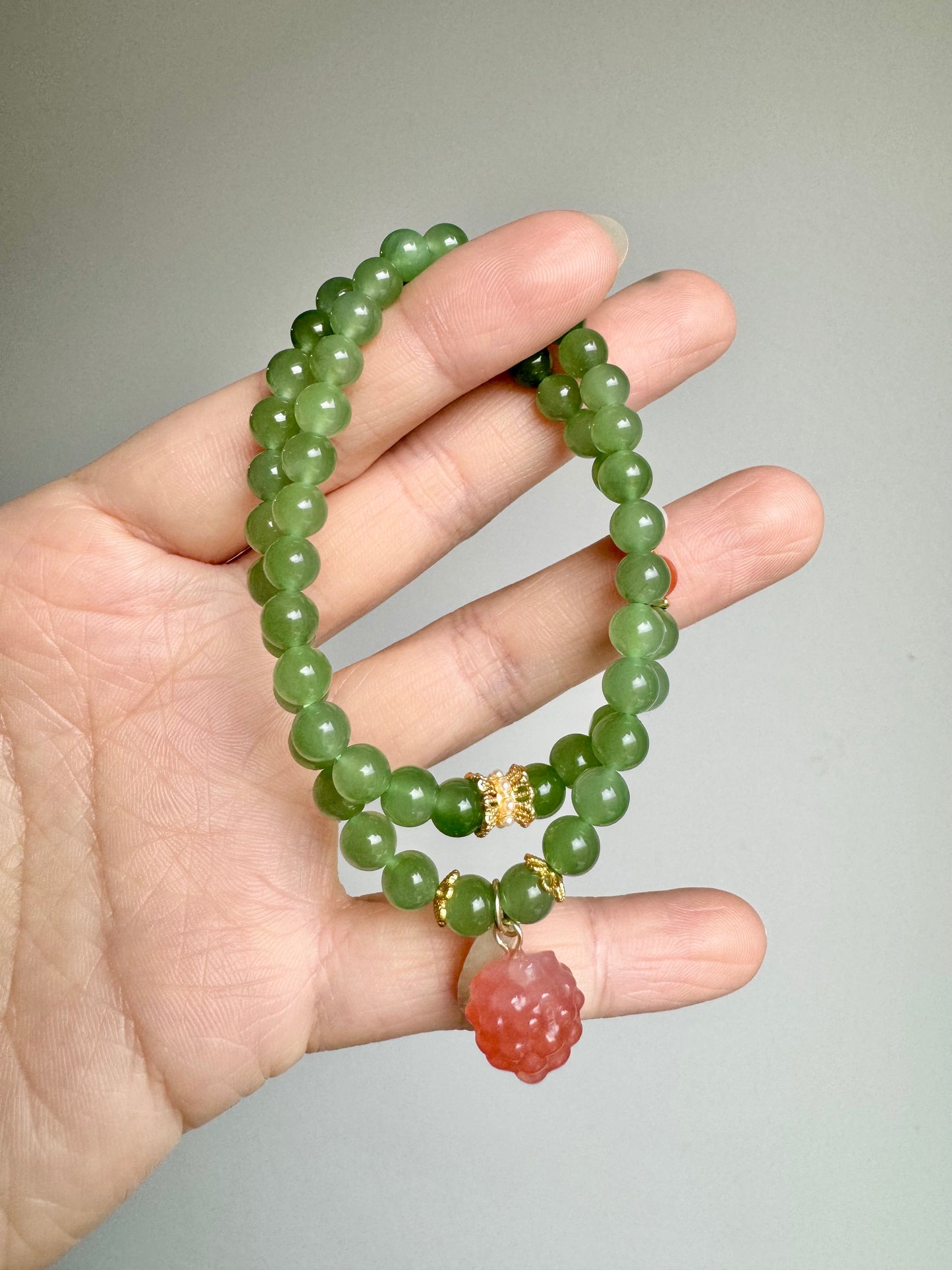 Natural Apple Green Nephrite Beaded Bracelet with agate raspberry