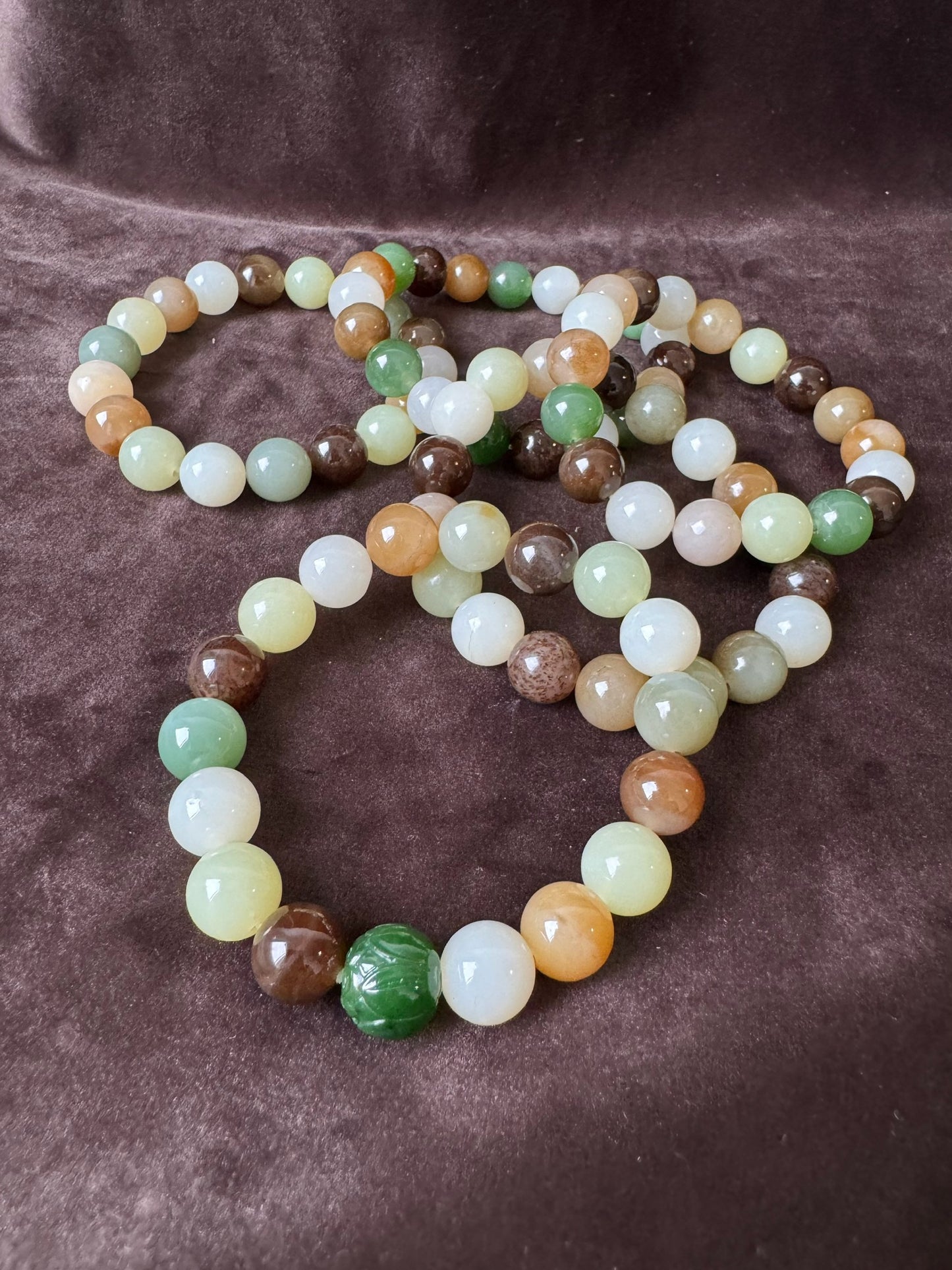 Untreated 10mm multi colored Hetian jade (nephrite) beaded bracelets