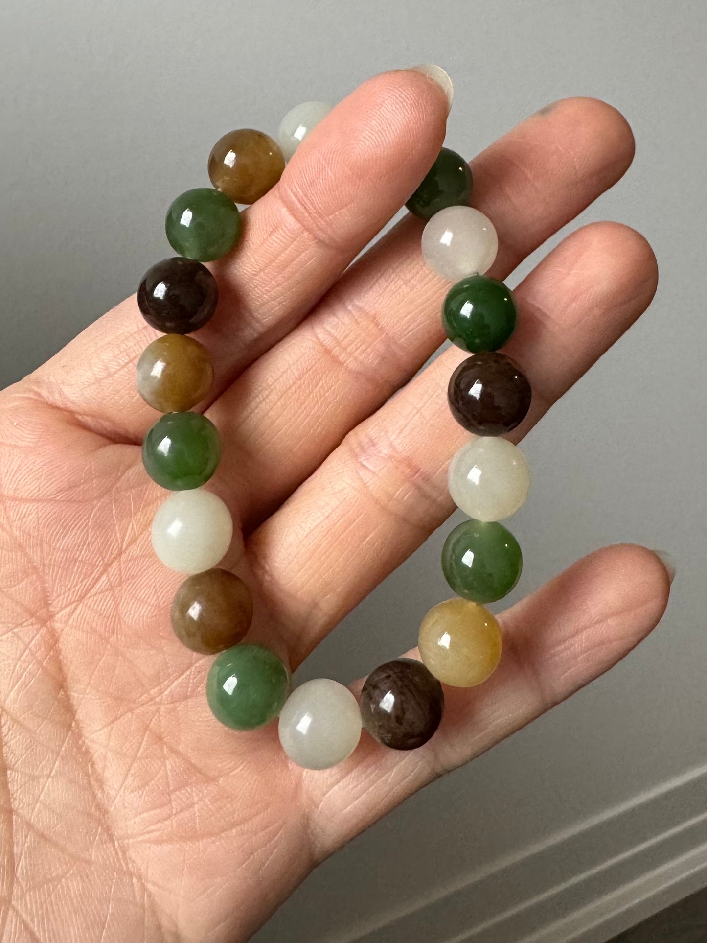 Untreated 10mm multi colored Hetian jade (nephrite) beaded bracelets