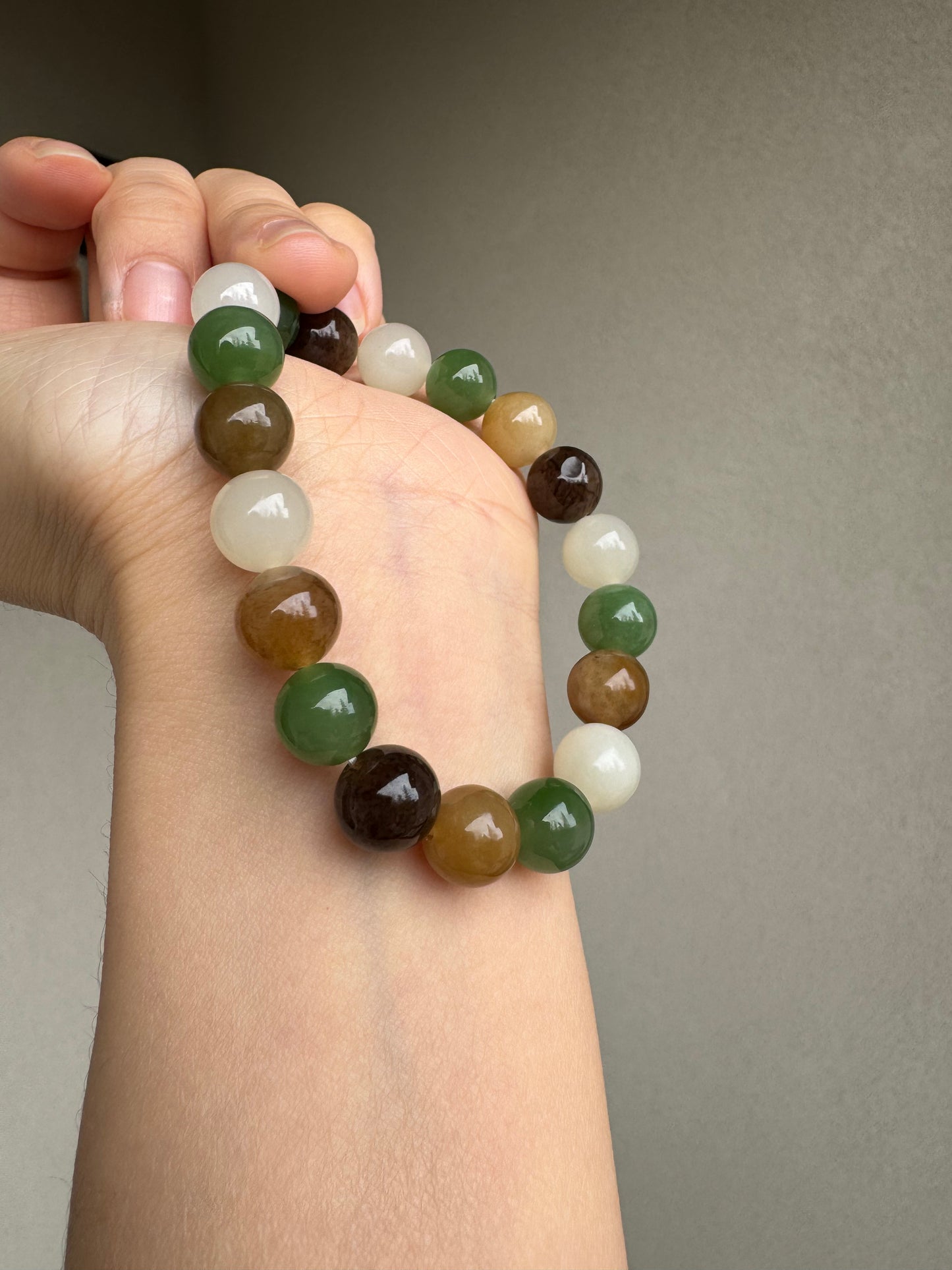 Untreated 10mm multi colored Hetian jade (nephrite) beaded bracelets