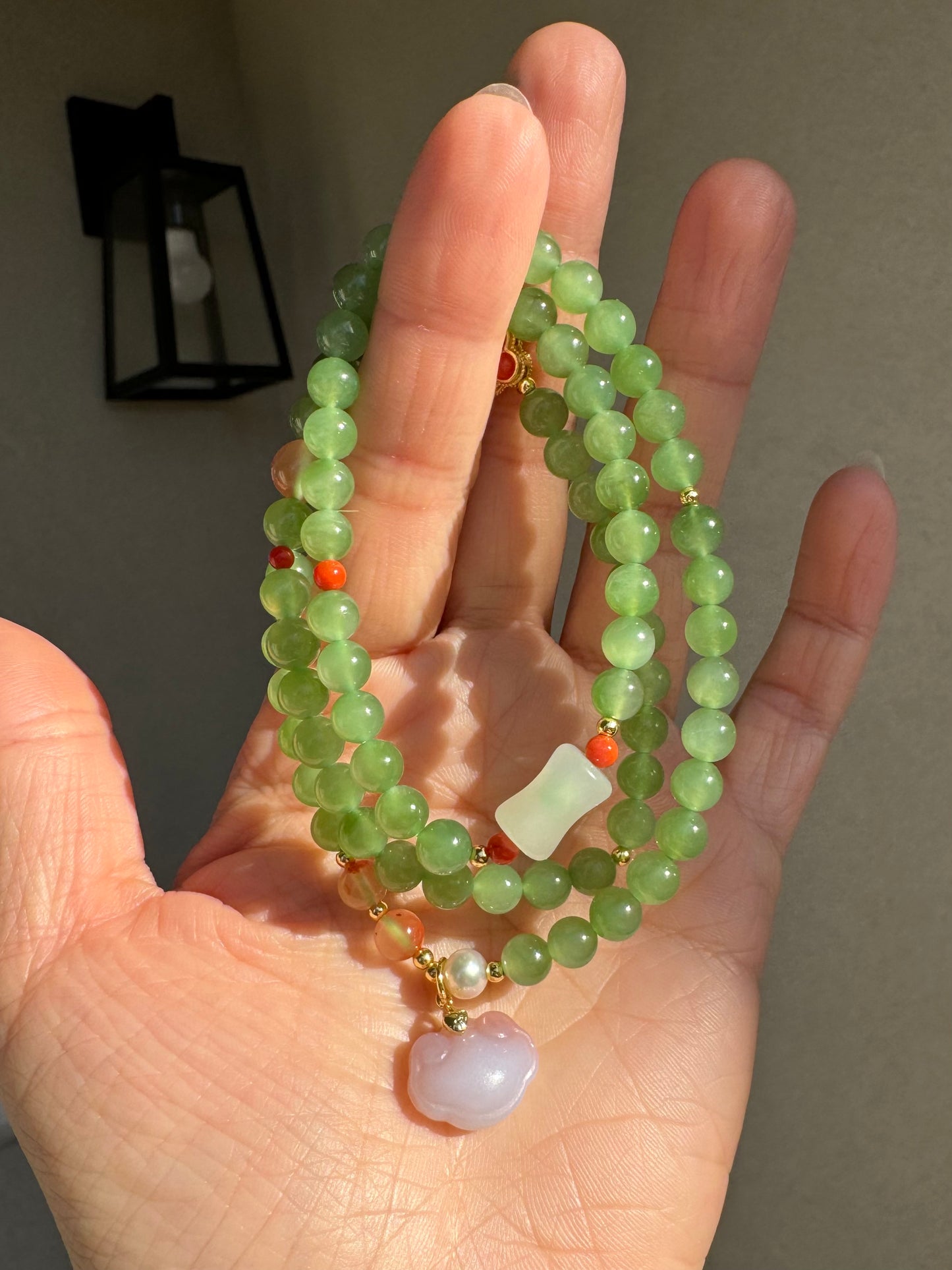 Natural Apple Green Nephrite Beaded Bracelet with Agate " Lucky cloud"