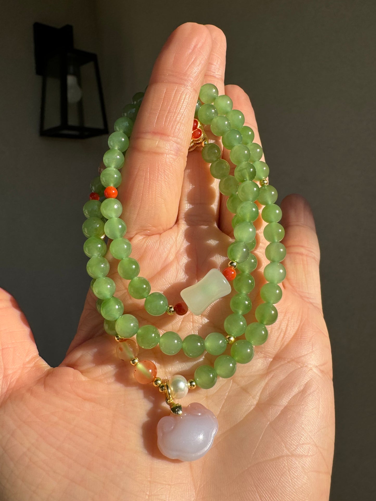 Natural Apple Green Nephrite Beaded Bracelet with Agate " Lucky cloud"