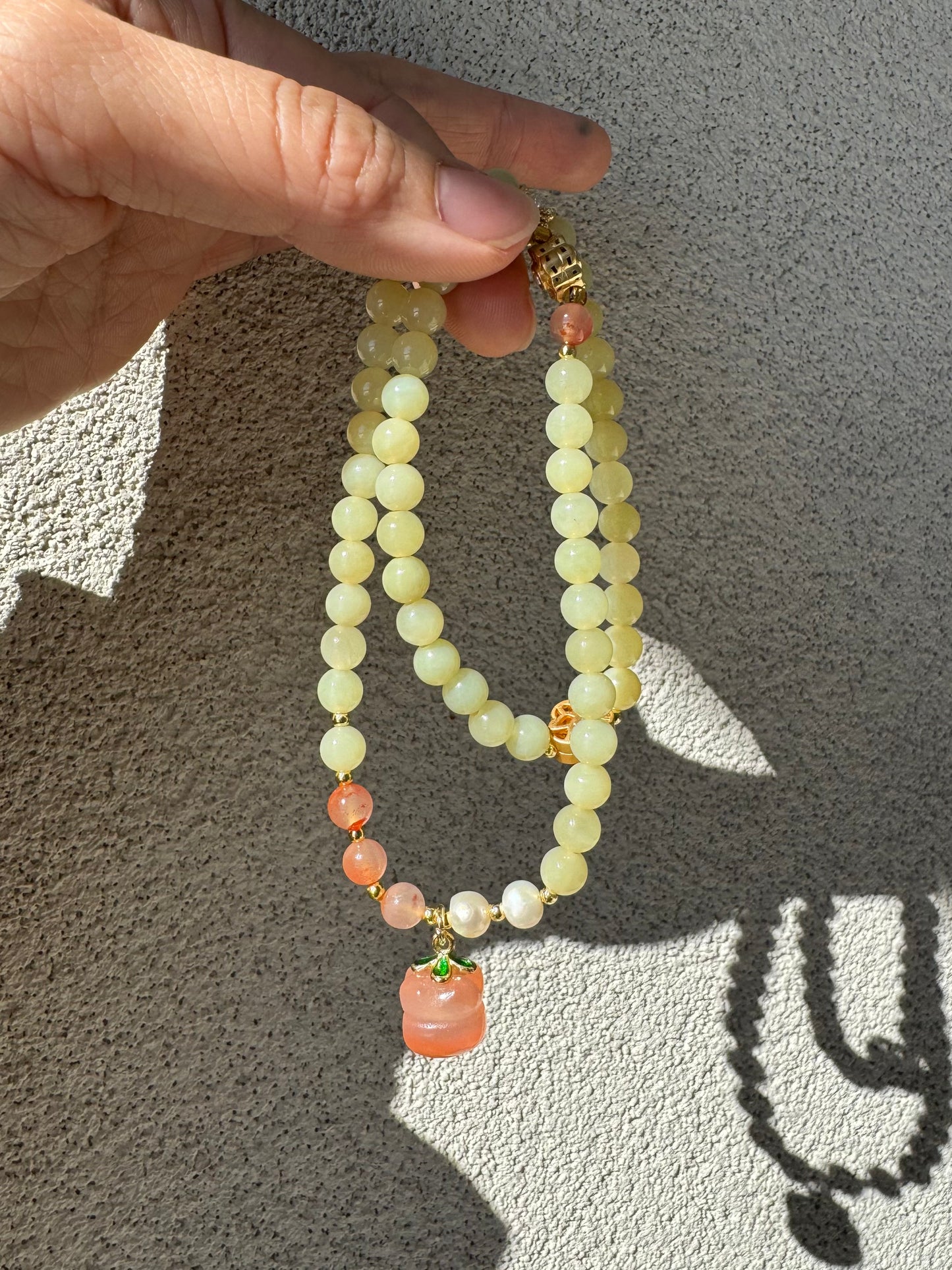 Natural yellow nephrite jade Beaded Bracelet with agate persimmon