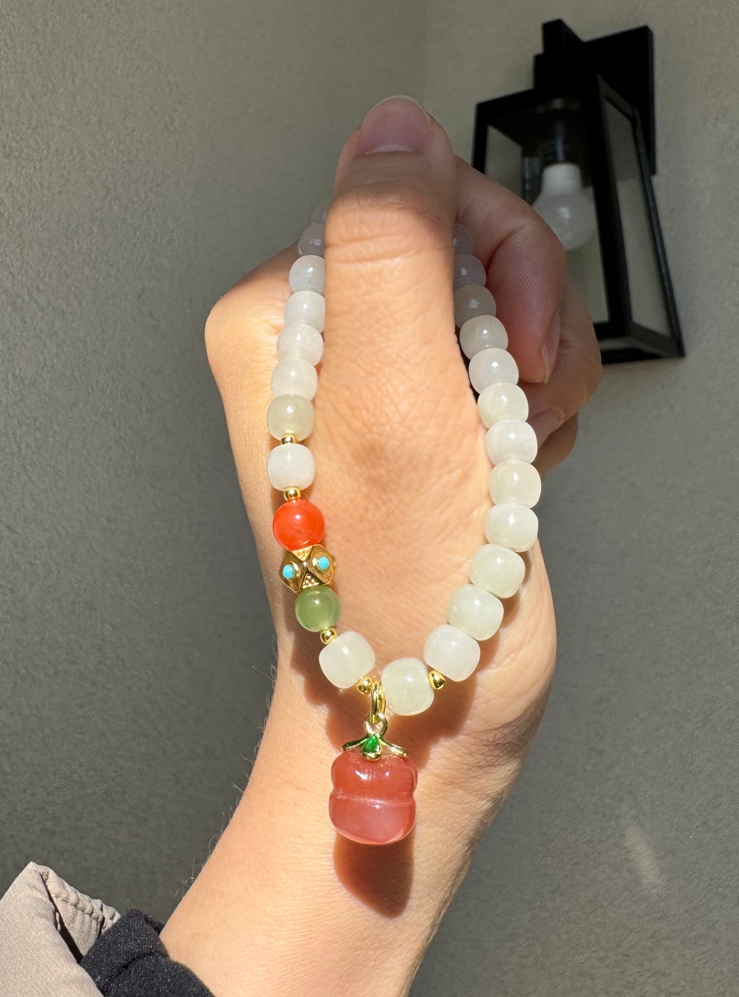 White Jade Beaded Bracelet for woman/ girls 7mm Beads with a lucky persimmon