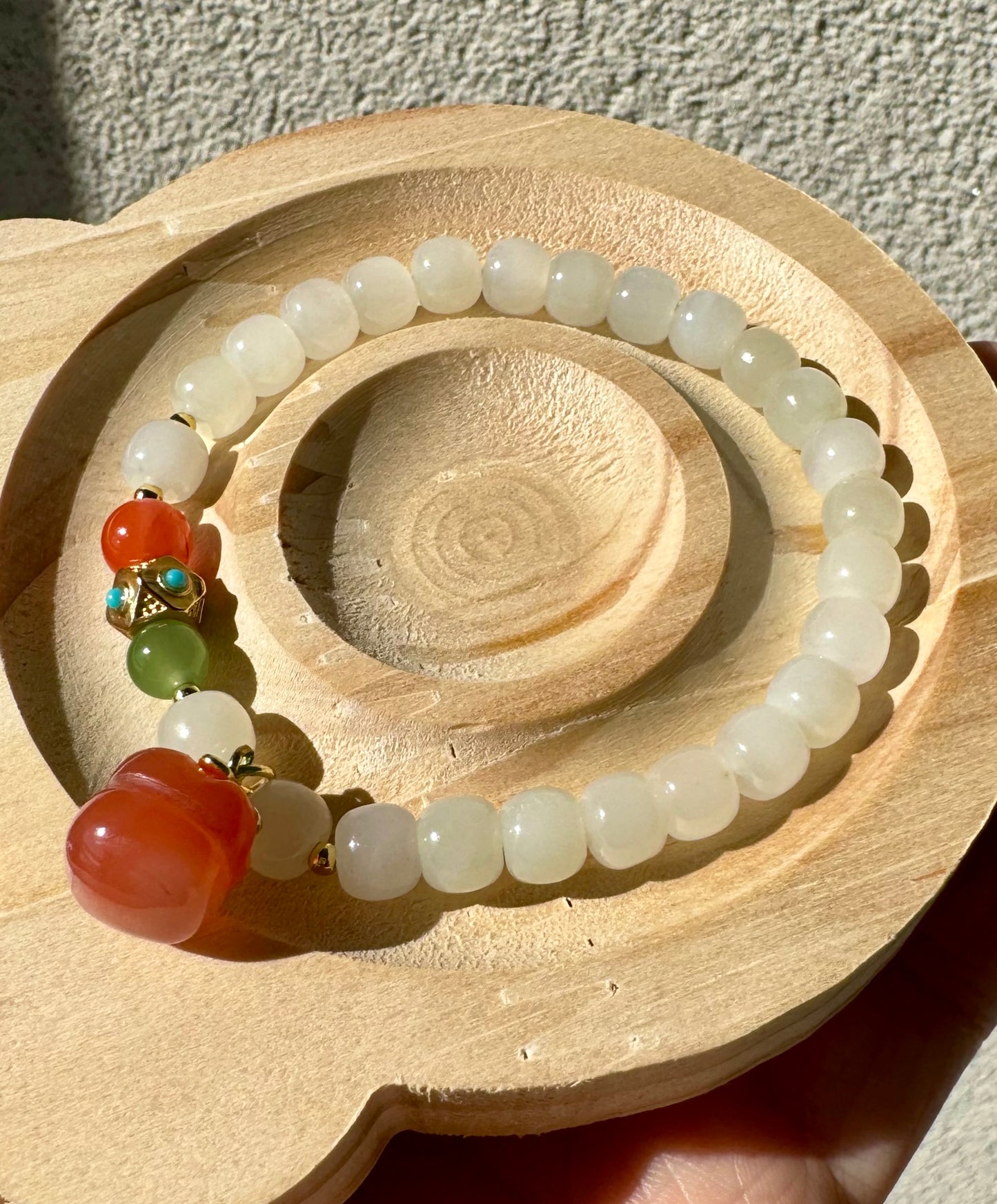 White Jade Beaded Bracelet for woman/ girls 7mm Beads with a lucky persimmon