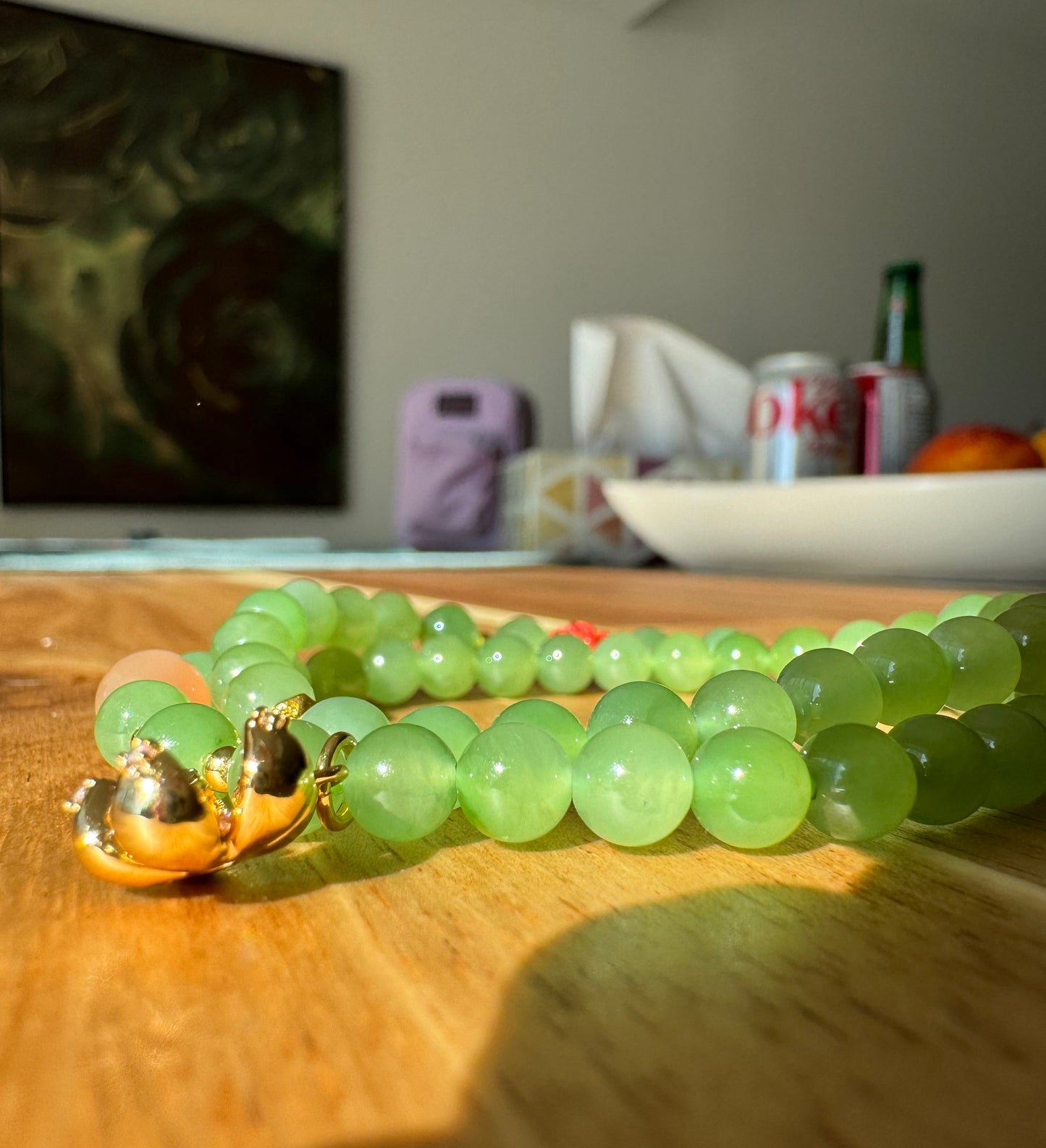 Natural Apple Green Nephrite Beaded Bracelet with a sakura charm