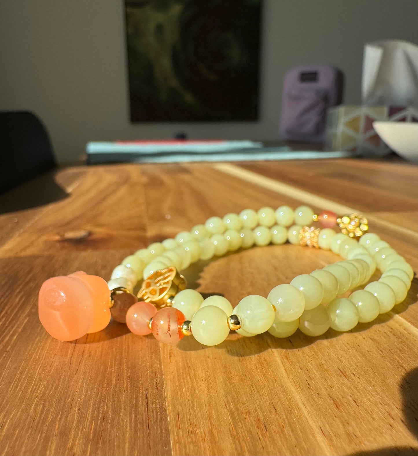 Natural yellow nephrite jade Beaded Bracelet with agate persimmon
