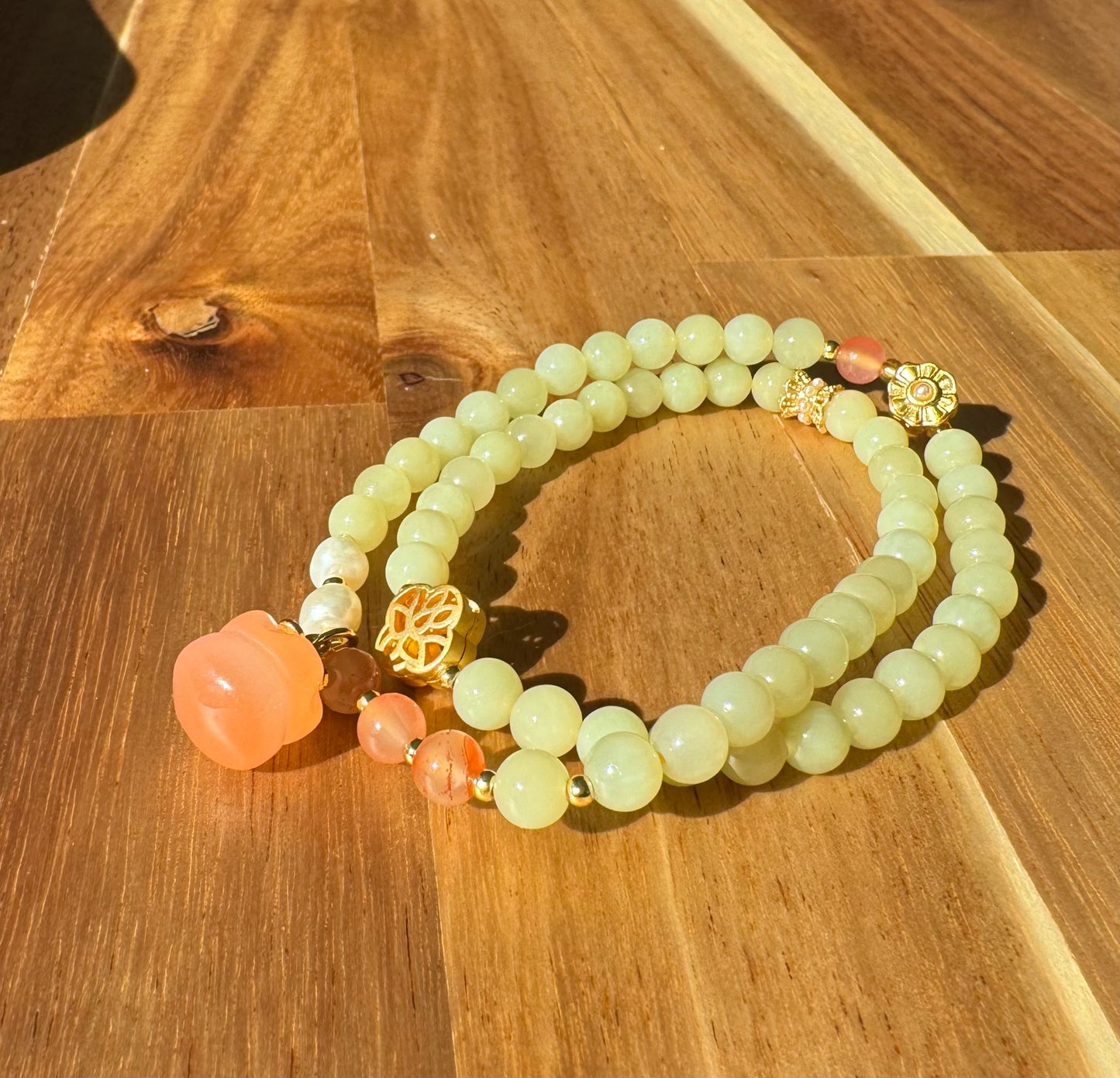 Natural yellow nephrite jade Beaded Bracelet with agate persimmon