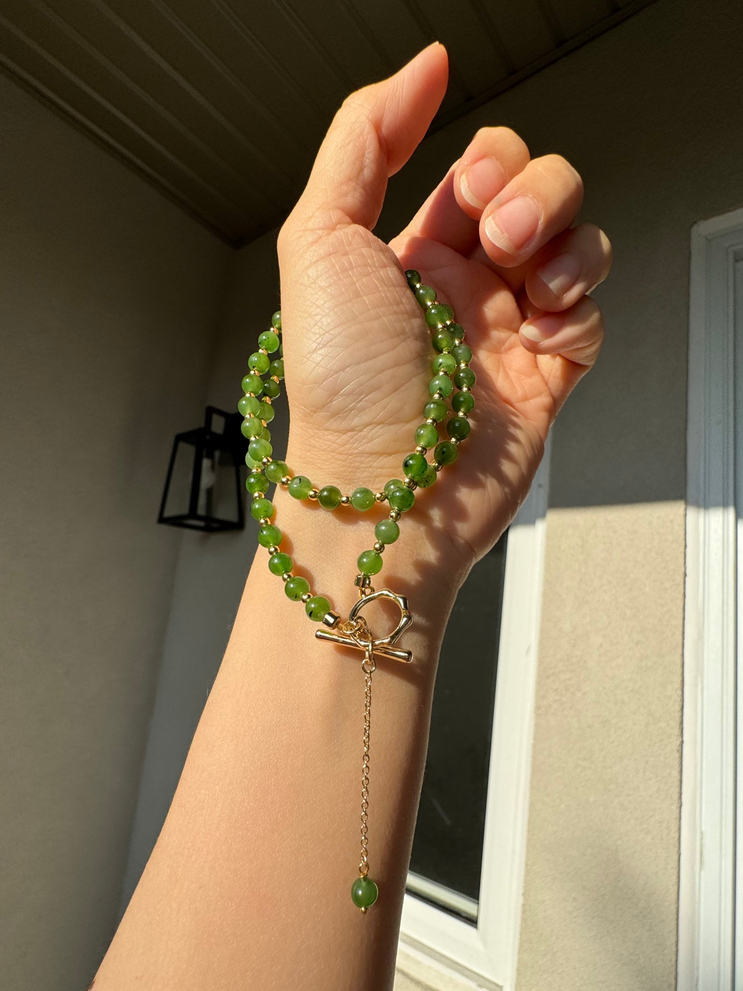 Natural green nephrite jade bead collarbone necklace