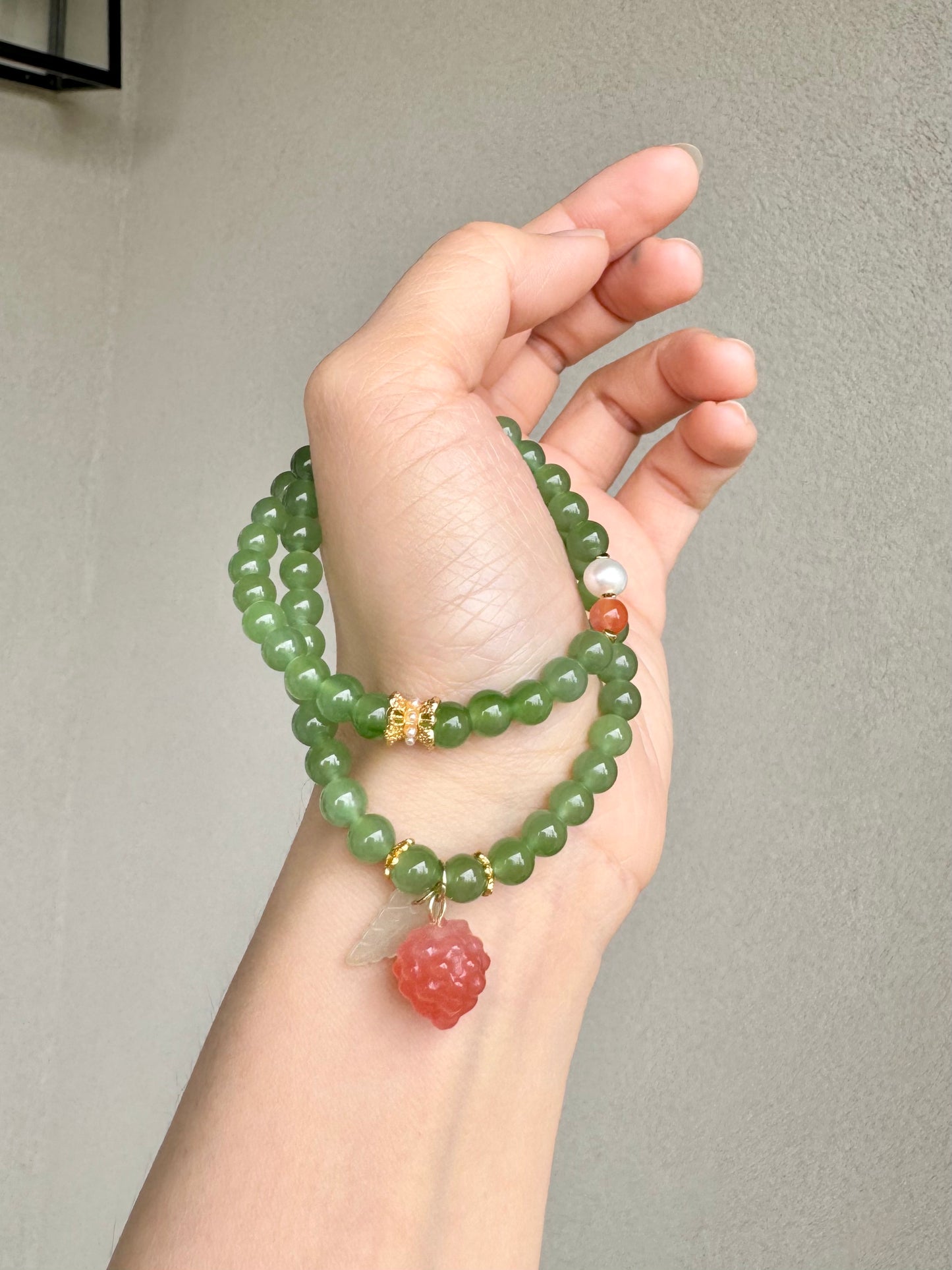 Natural Apple Green Nephrite Beaded Bracelet with agate  raspberry