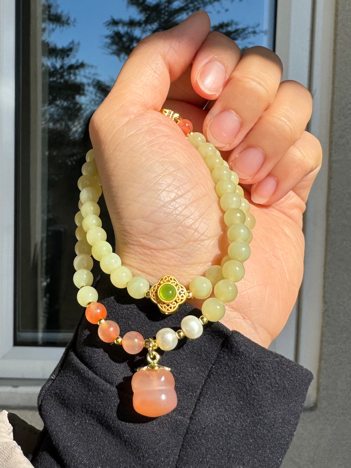 Natural yellow nephrite jade Beaded Bracelet with agate persimmon