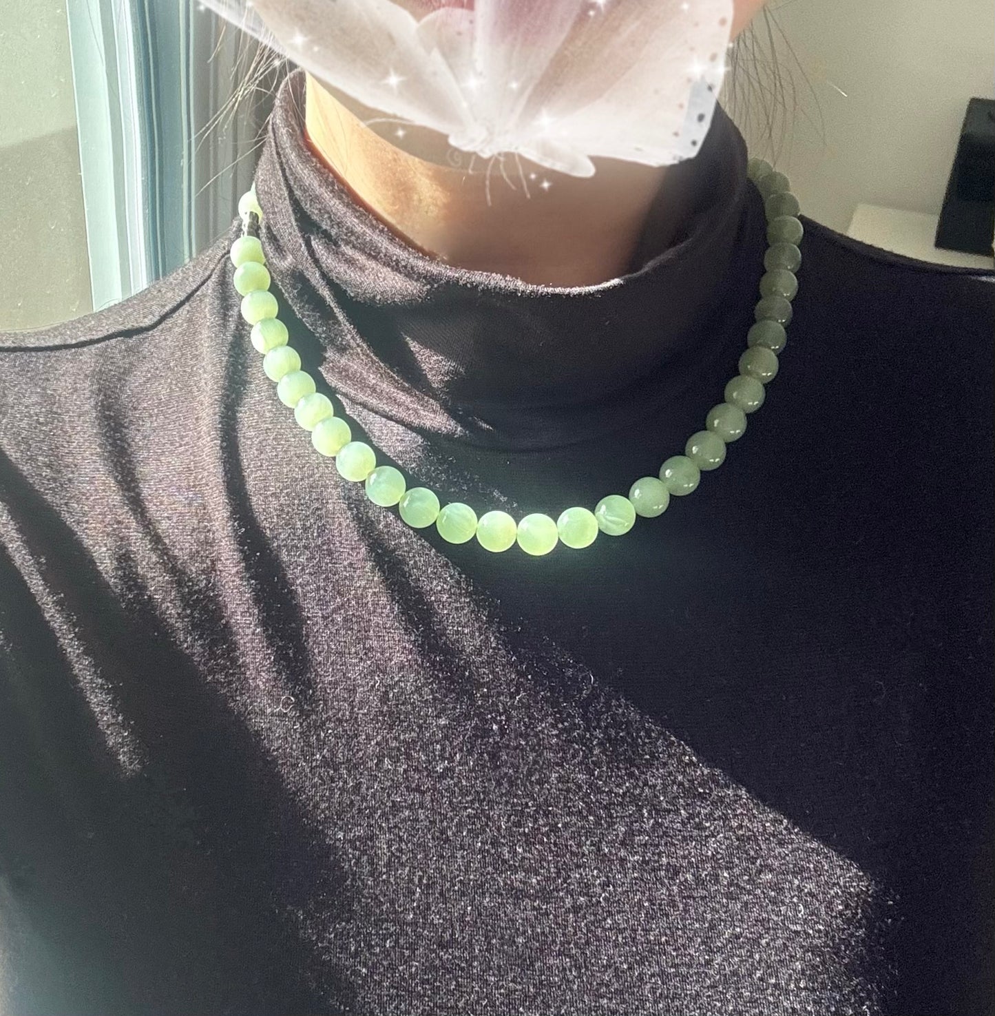 Green Jade Necklace | 9.5 mm Bead  | Woman | 18inches mother's day gift